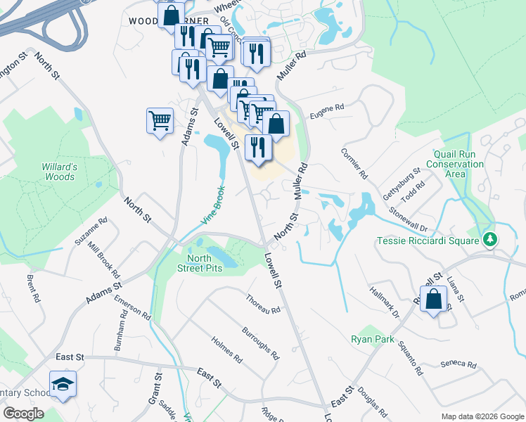 map of restaurants, bars, coffee shops, grocery stores, and more near 653 Lowell Street in Lexington