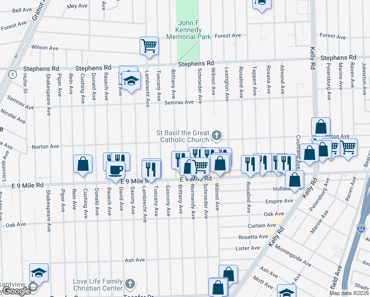 map of restaurants, bars, coffee shops, grocery stores, and more near 22797 Normandy Avenue in Eastpointe