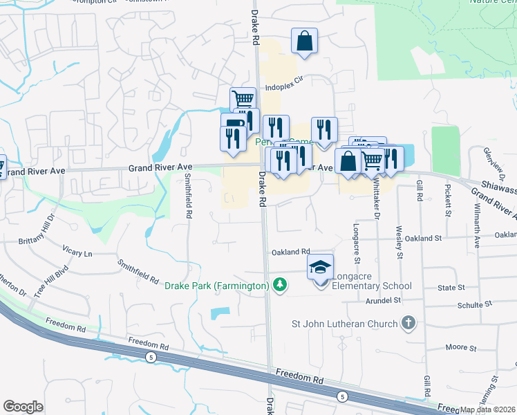 map of restaurants, bars, coffee shops, grocery stores, and more near 35454 Tall Pine Road in Farmington