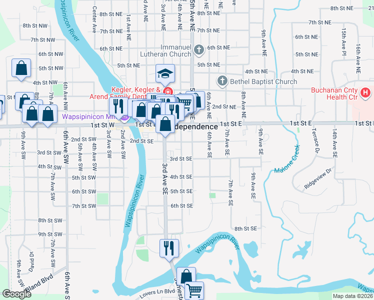 map of restaurants, bars, coffee shops, grocery stores, and more near 401-499 3rd Street Southeast in Independence