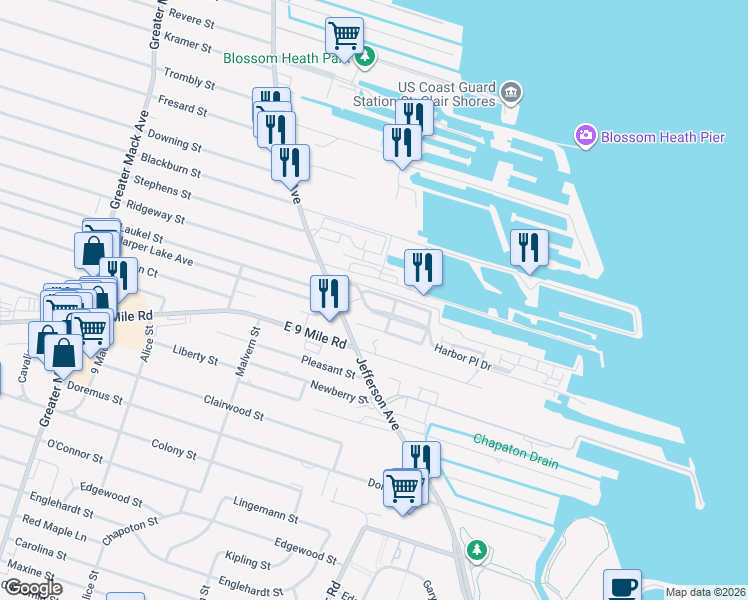 map of restaurants, bars, coffee shops, grocery stores, and more near 529 Riviera Drive in St. Clair Shores