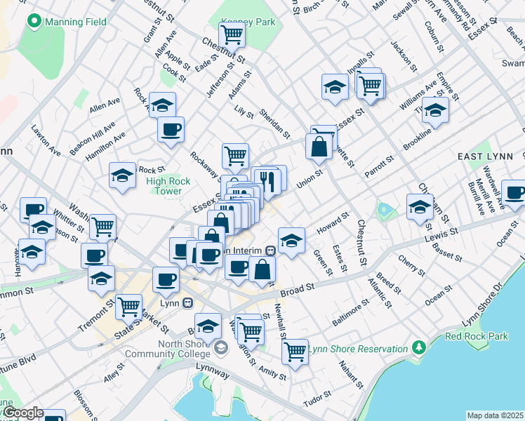 map of restaurants, bars, coffee shops, grocery stores, and more near 19 Smith Street in Lynn