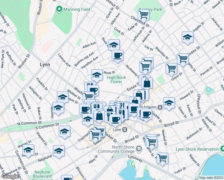 map of restaurants, bars, coffee shops, grocery stores, and more near 498 Essex Street in Lynn