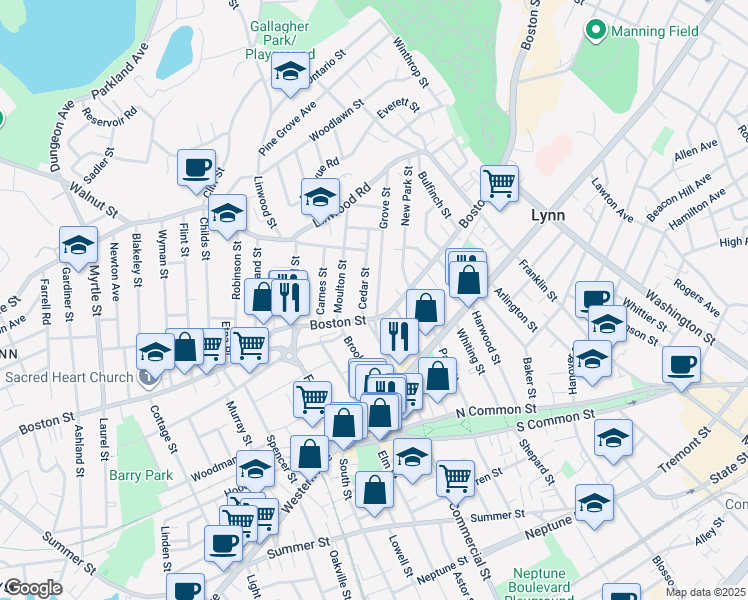 map of restaurants, bars, coffee shops, grocery stores, and more near 371 Boston Street in Lynn