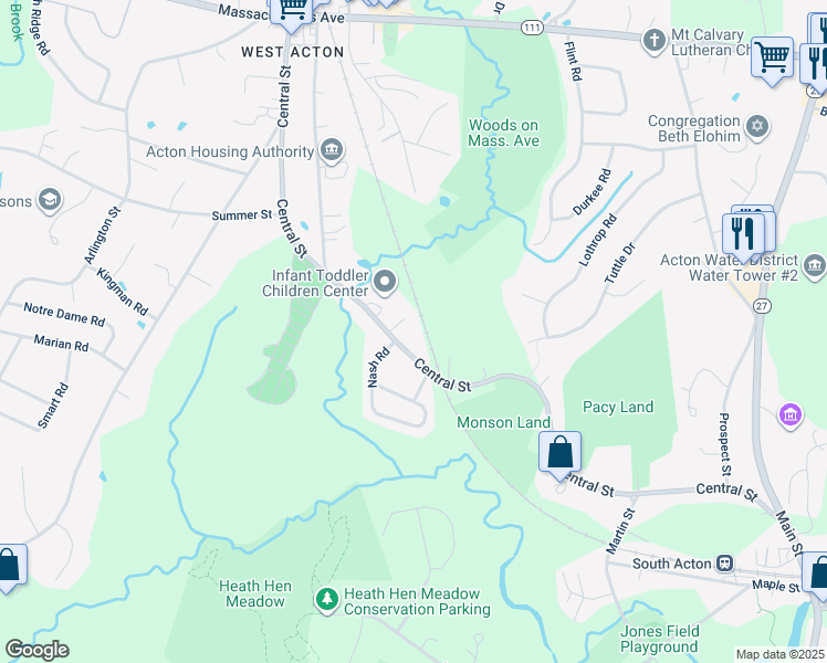 map of restaurants, bars, coffee shops, grocery stores, and more near 140 Central Street in Acton
