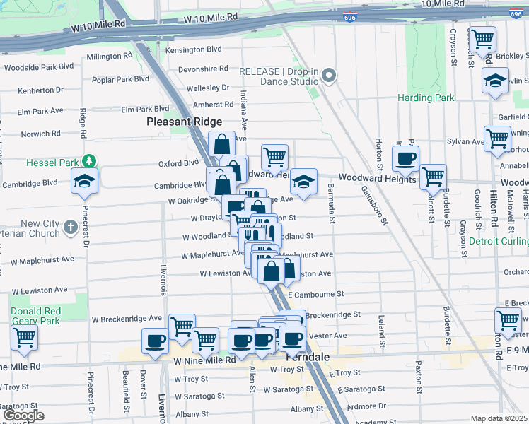 map of restaurants, bars, coffee shops, grocery stores, and more near 206 East Drayton Street in Ferndale
