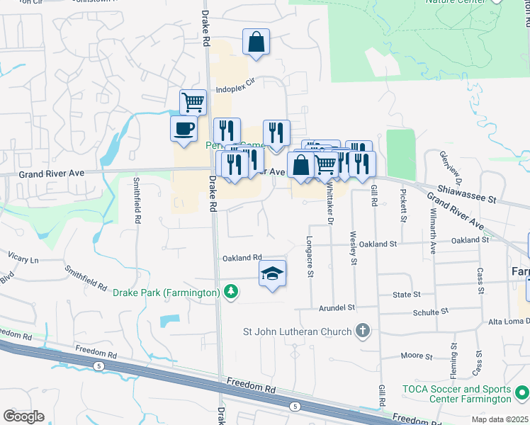 map of restaurants, bars, coffee shops, grocery stores, and more near 35115 Drakeshire Place in Farmington