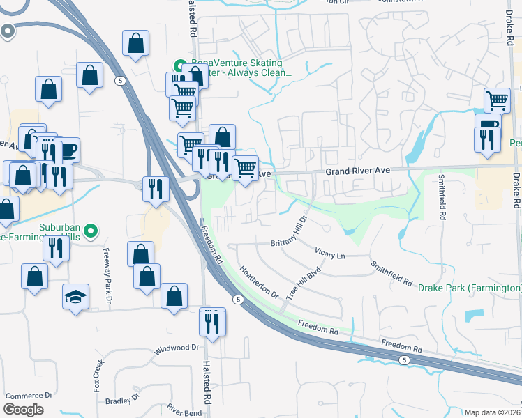 map of restaurants, bars, coffee shops, grocery stores, and more near 36925 Blanchard Boulevard in Farmington