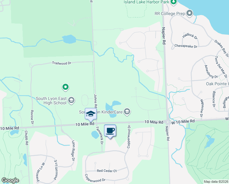 map of restaurants, bars, coffee shops, grocery stores, and more near 51857 Turnburry Drive in South Lyon