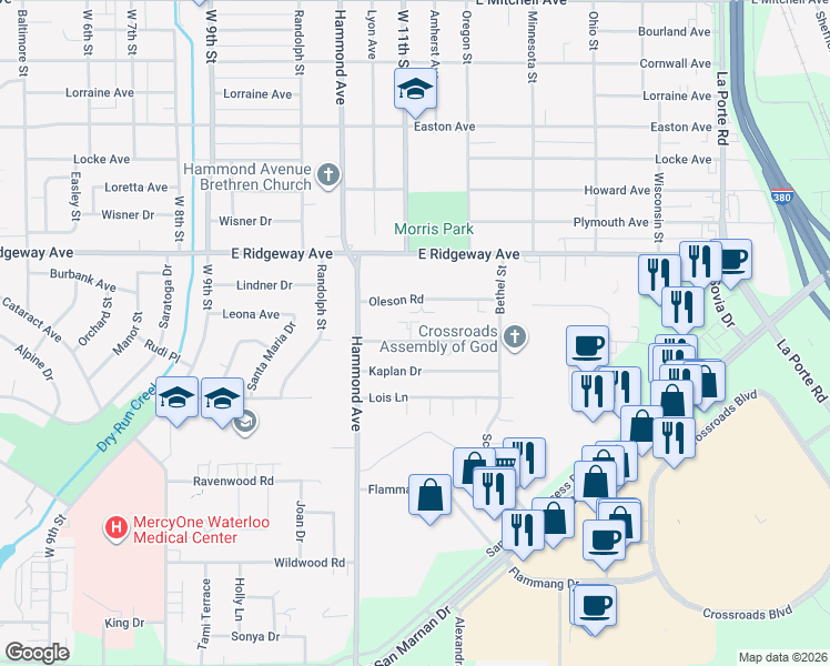 map of restaurants, bars, coffee shops, grocery stores, and more near 1126 Langley Road in Waterloo