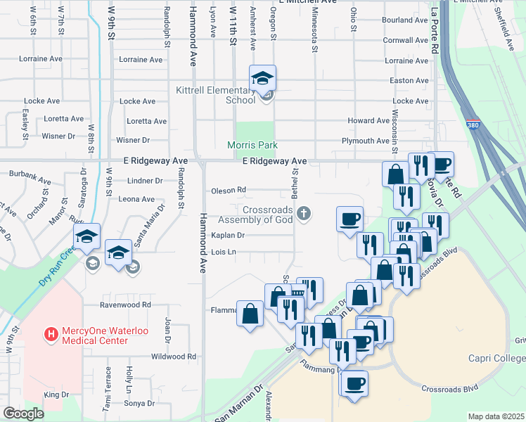 map of restaurants, bars, coffee shops, grocery stores, and more near 1153 Langley Road in Waterloo