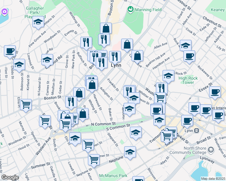 map of restaurants, bars, coffee shops, grocery stores, and more near 9 Arlington Street in Lynn