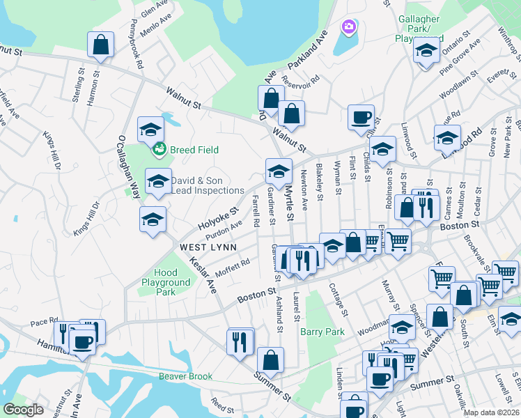 map of restaurants, bars, coffee shops, grocery stores, and more near 41 Farrell Road in Lynn