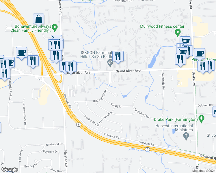 map of restaurants, bars, coffee shops, grocery stores, and more near 36627 Brittany Hill Dr in Farmington