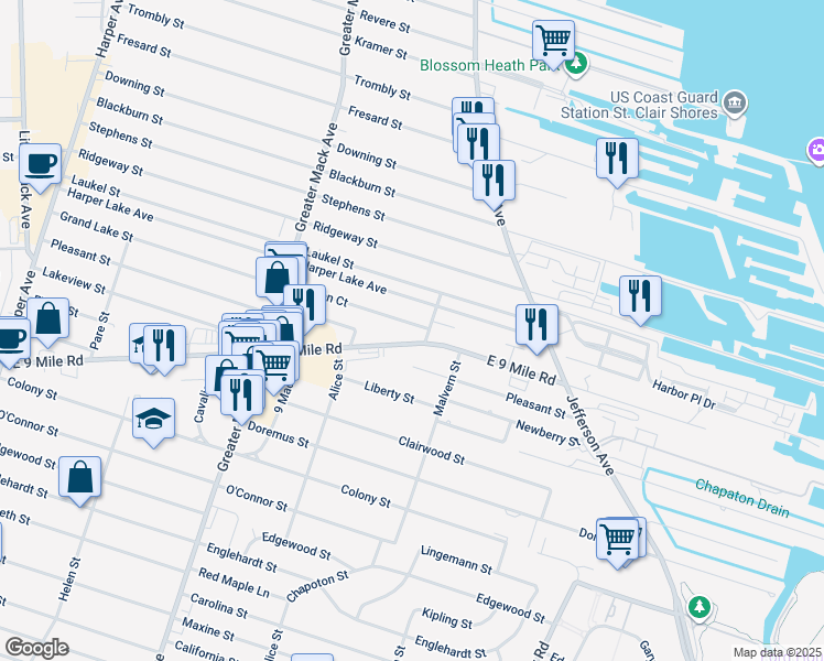 map of restaurants, bars, coffee shops, grocery stores, and more near 22700 East 9 Mile Road in St. Clair Shores