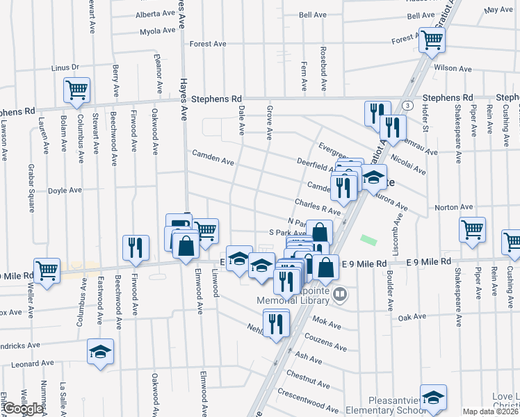 map of restaurants, bars, coffee shops, grocery stores, and more near 15511 North Park Avenue in Eastpointe