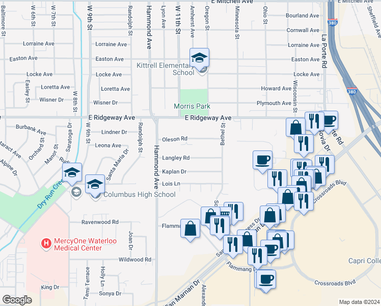 map of restaurants, bars, coffee shops, grocery stores, and more near 1125 Langley Road in Waterloo