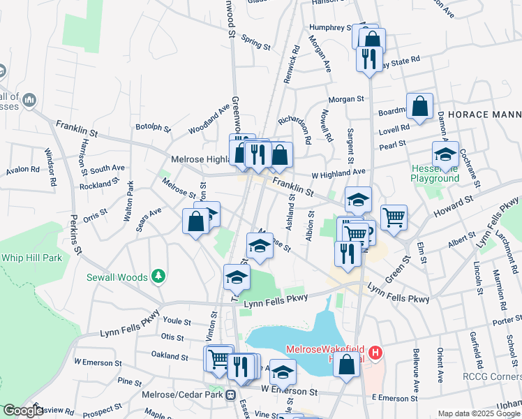 map of restaurants, bars, coffee shops, grocery stores, and more near 220 Tremont Street in Melrose