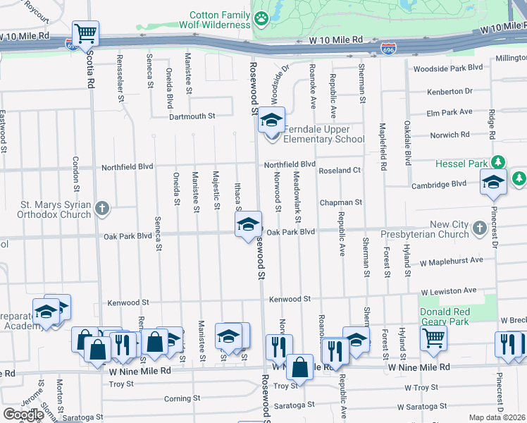 map of restaurants, bars, coffee shops, grocery stores, and more near 8900 Oak Park Boulevard in Oak Park