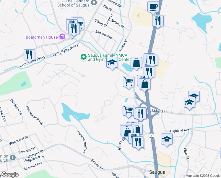 map of restaurants, bars, coffee shops, grocery stores, and more near 1 Founders' Way in Saugus