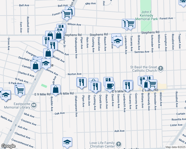 map of restaurants, bars, coffee shops, grocery stores, and more near 22809 Cushing Avenue in Eastpointe
