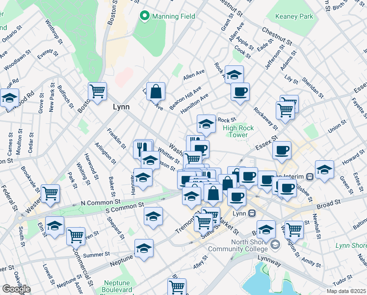 map of restaurants, bars, coffee shops, grocery stores, and more near 197 Washington Street in Lynn