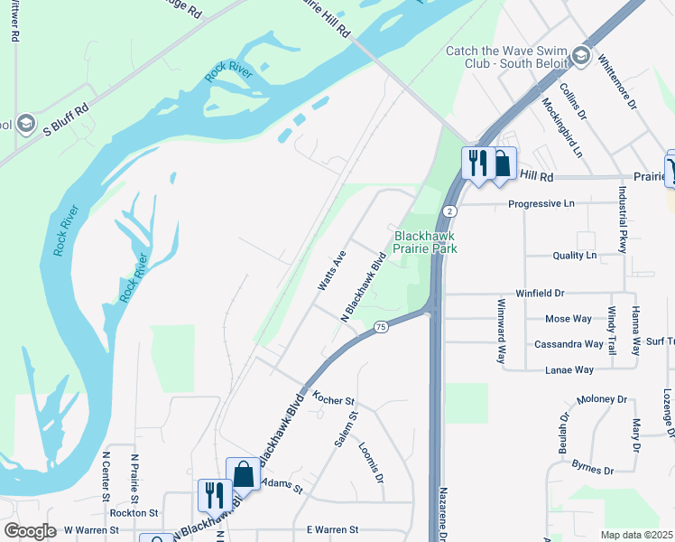 map of restaurants, bars, coffee shops, grocery stores, and more near 1117 Watts Avenue in Rockton