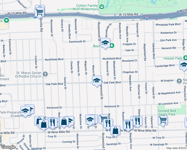 map of restaurants, bars, coffee shops, grocery stores, and more near in Oak Park