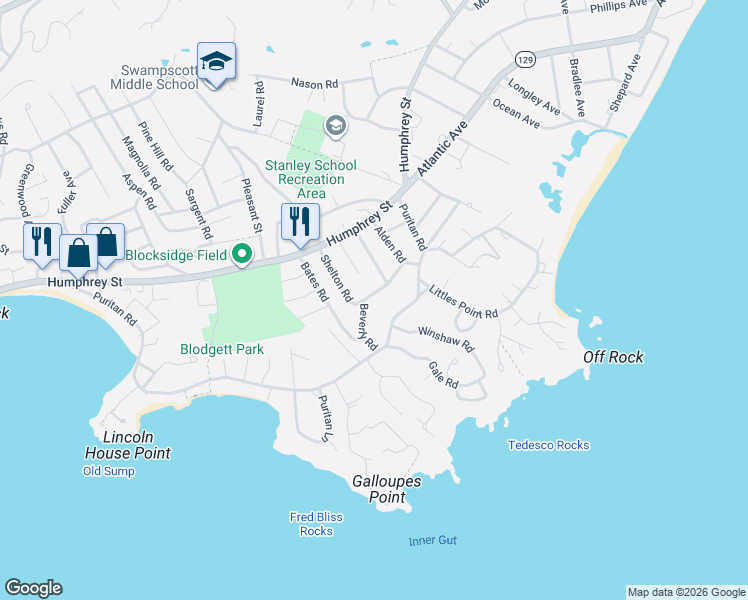 map of restaurants, bars, coffee shops, grocery stores, and more near 77 Shelton Road in Swampscott