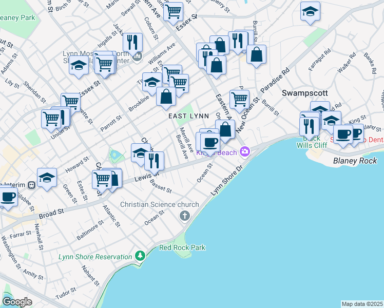 map of restaurants, bars, coffee shops, grocery stores, and more near 50 Massachusetts 129 in Lynn