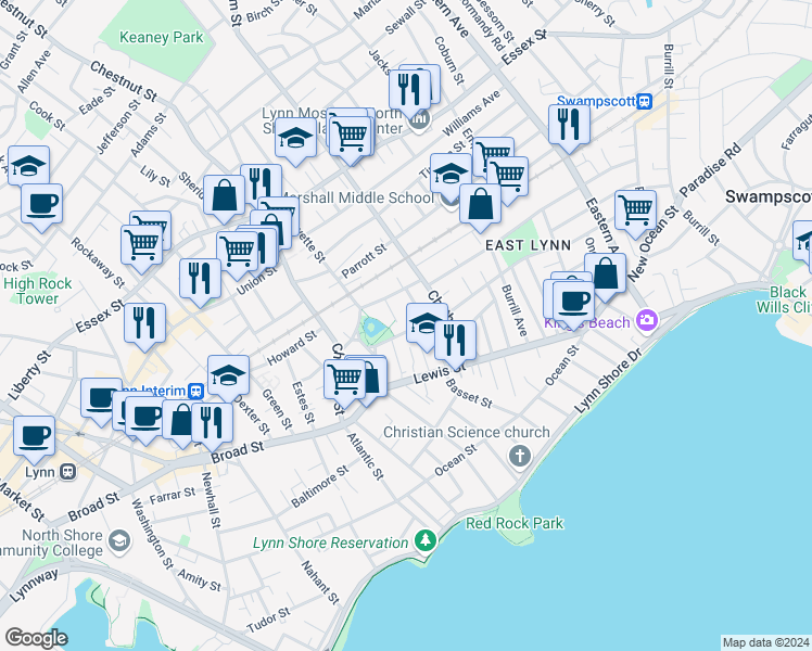 map of restaurants, bars, coffee shops, grocery stores, and more near 24 Kenwood Terrace in Lynn
