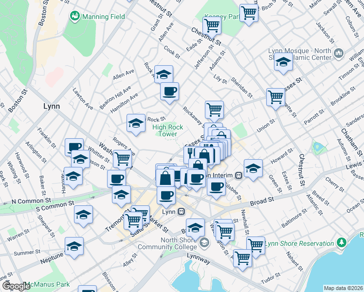 map of restaurants, bars, coffee shops, grocery stores, and more near 42 High Street in Lynn