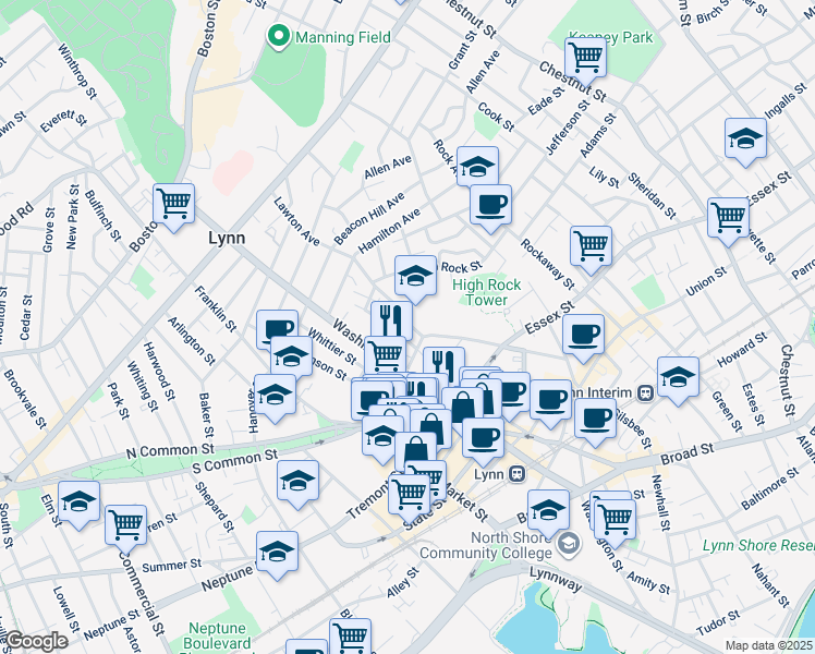 map of restaurants, bars, coffee shops, grocery stores, and more near in Lynn