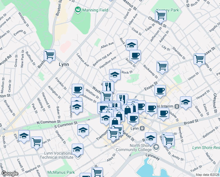 map of restaurants, bars, coffee shops, grocery stores, and more near in Lynn