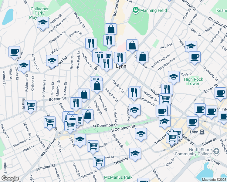 map of restaurants, bars, coffee shops, grocery stores, and more near 9 Arlington Street in Lynn