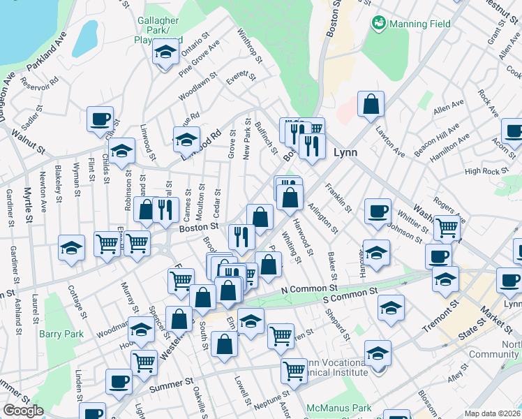 map of restaurants, bars, coffee shops, grocery stores, and more near 81 Park Street in Lynn