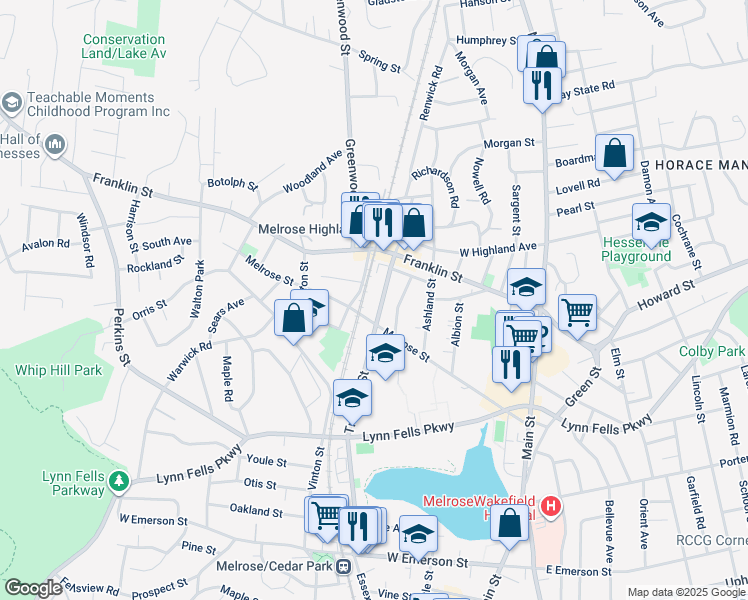 map of restaurants, bars, coffee shops, grocery stores, and more near 220 Tremont Street in Melrose