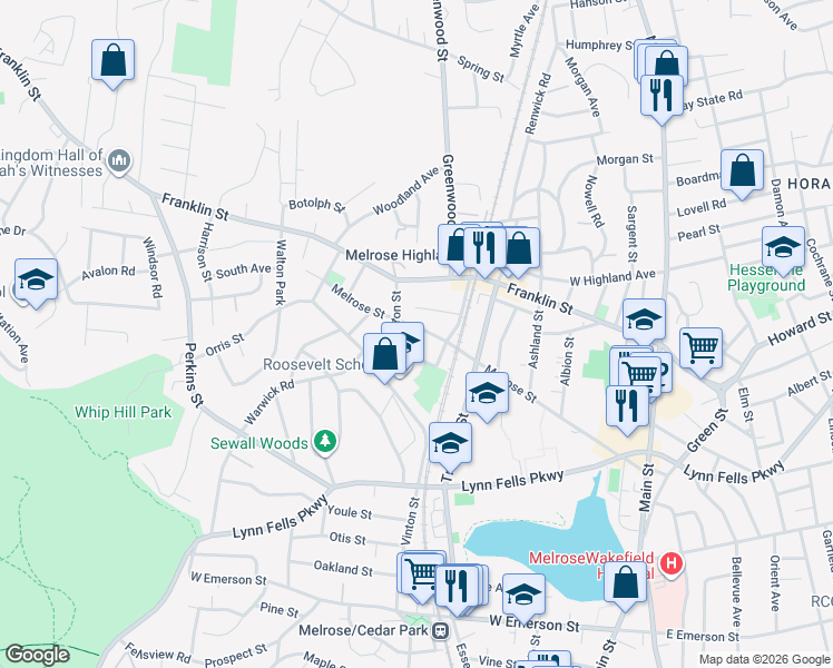 map of restaurants, bars, coffee shops, grocery stores, and more near 44 Brunswick Park in Melrose