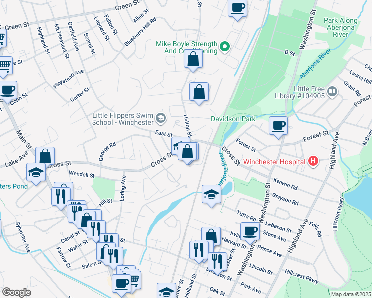 map of restaurants, bars, coffee shops, grocery stores, and more near 15 Lowell Avenue in Winchester