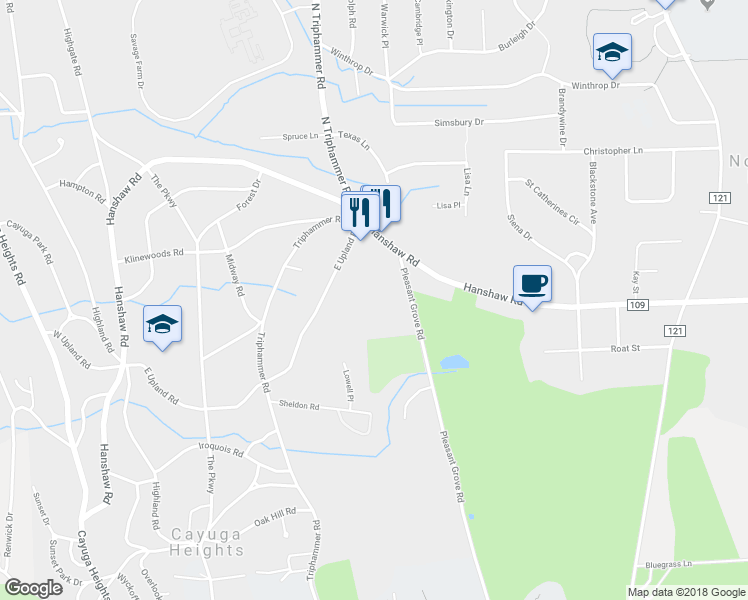 map of restaurants, bars, coffee shops, grocery stores, and more near 186 1/2 Pleasant Grove Road in Ithaca
