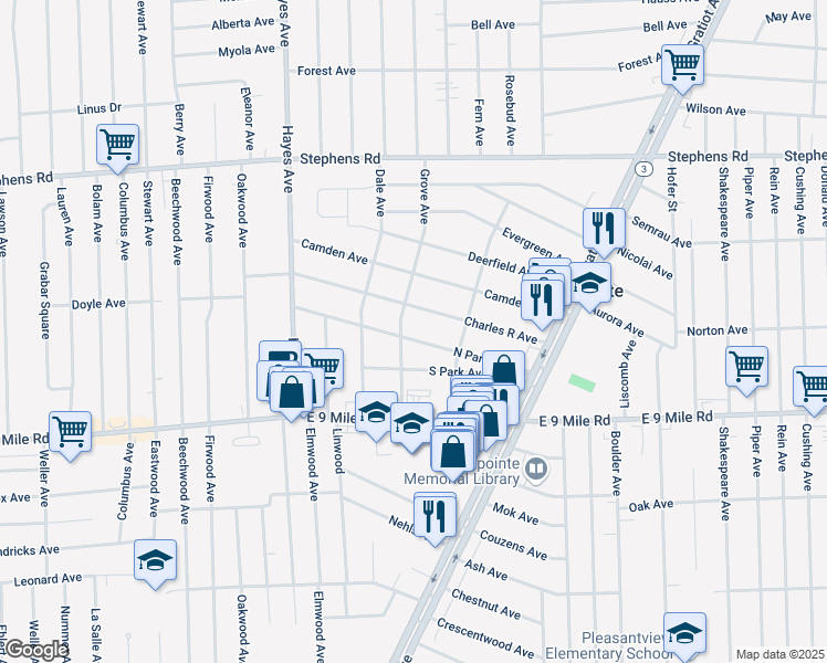 map of restaurants, bars, coffee shops, grocery stores, and more near 15519 South Park Avenue in Eastpointe