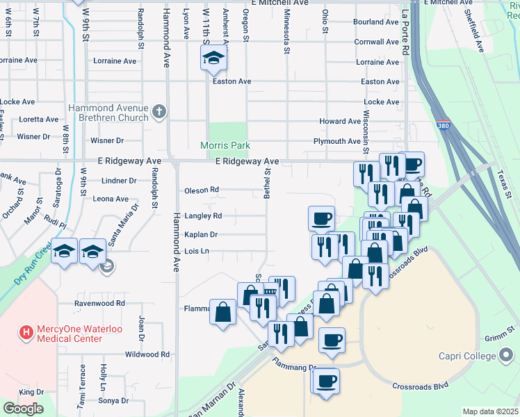 map of restaurants, bars, coffee shops, grocery stores, and more near 3205 Bethel St in Waterloo