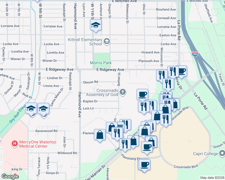 map of restaurants, bars, coffee shops, grocery stores, and more near 1212 Langley Road in Waterloo