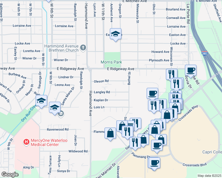 map of restaurants, bars, coffee shops, grocery stores, and more near 1126 Langley Road in Waterloo