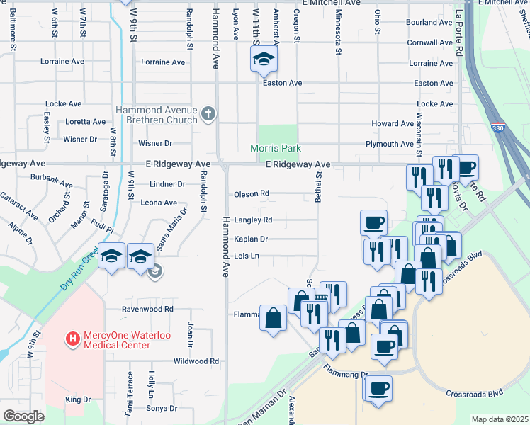 map of restaurants, bars, coffee shops, grocery stores, and more near 1126 Langley Road in Waterloo