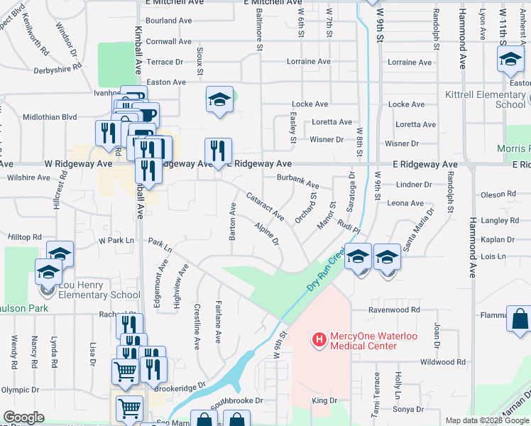 map of restaurants, bars, coffee shops, grocery stores, and more near 607 Alpine Drive in Waterloo