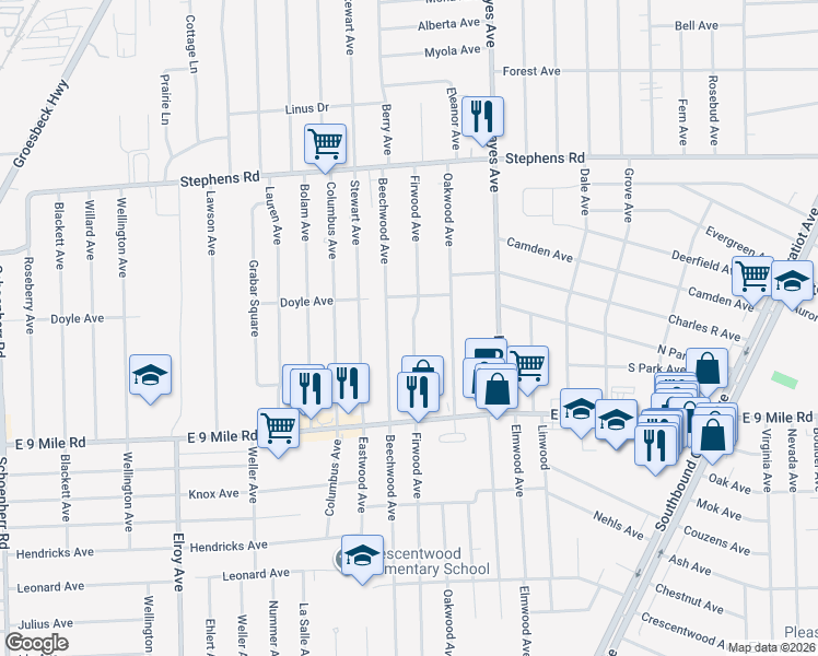 map of restaurants, bars, coffee shops, grocery stores, and more near 22807 Firwood Avenue in Eastpointe