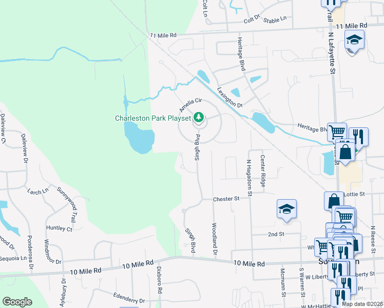 map of restaurants, bars, coffee shops, grocery stores, and more near 220 Cuyahoga Court in South Lyon