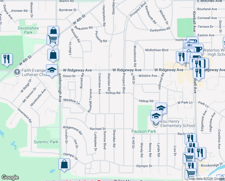 map of restaurants, bars, coffee shops, grocery stores, and more near 617 Sheridan Road in Waterloo