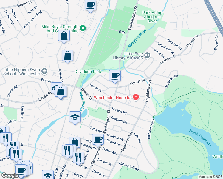 map of restaurants, bars, coffee shops, grocery stores, and more near 529 Washington Street in Winchester